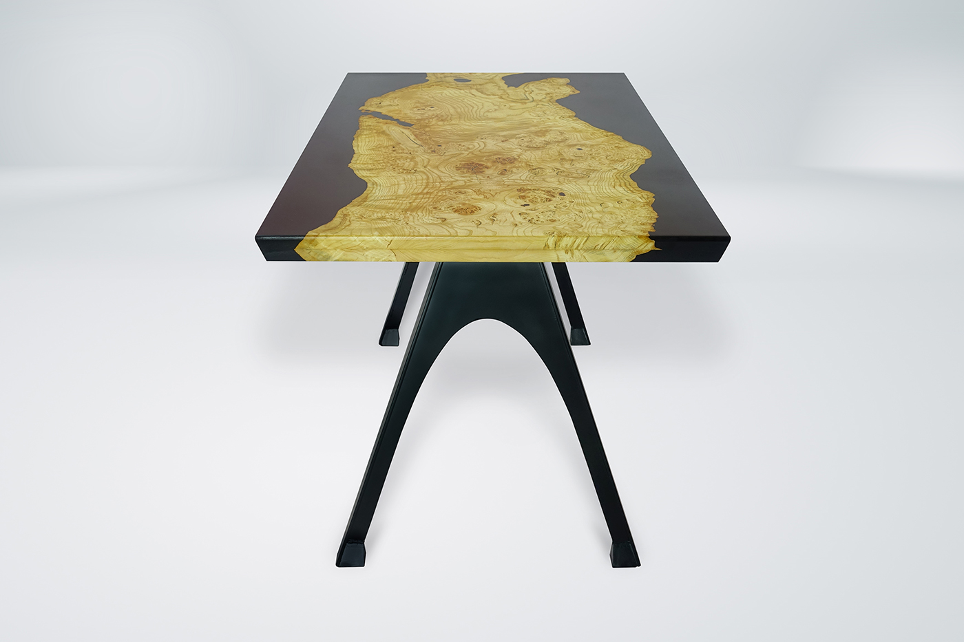 This wood furniture river table desk is a beautiful combination of olive ash burls wood and black epoxy resin