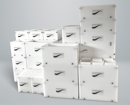 Reusable epoxy resin table molds stacked for batch production and professional workflow